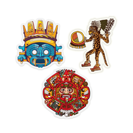 RECONQUEST Aztec Stickers Cool Jaguar Warrior Tlaloc Decal Aztec Calendar Vinyl Native American Decor Mexican Stickers for Laptop Skate Water Bottles Window Car Hard Hat Gift - (3" x 3") 3 Pack