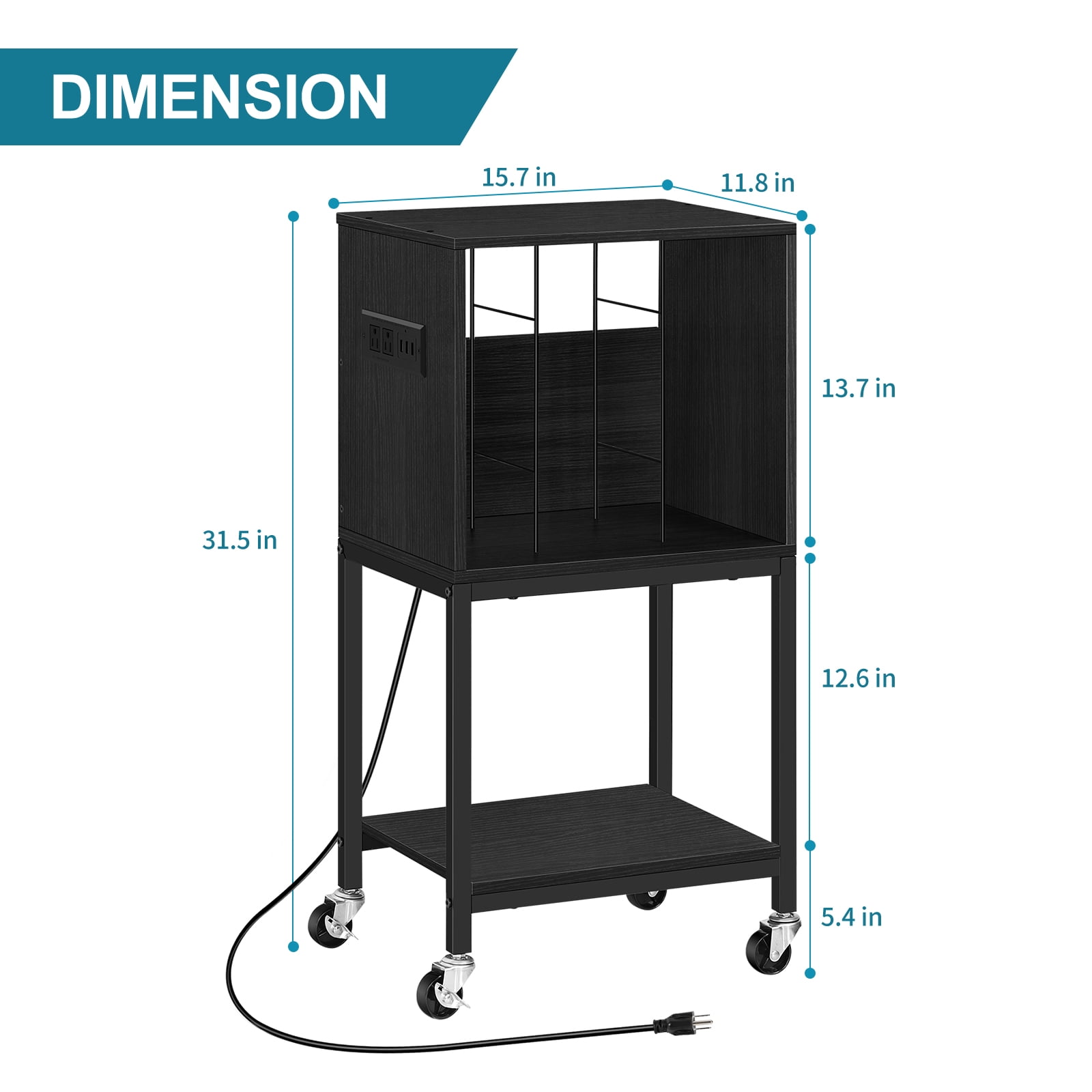 RECORD PLAYER STAND WITH CHARGING STATION TURNTABLE STAND WITH LOCKER 3 TIER END TABLE Holds up to 40 albums Vinyl record stand Living room Black