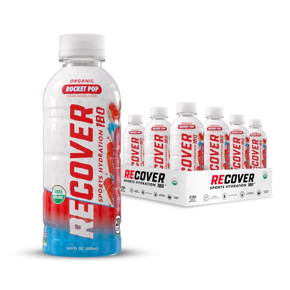 RECOVER 180 Organic Sports Hydration Drink, No Sugar Added, 20 Calorie Sports Beverage, Organic Flavors With Vitamins, Potassium-Packed Electrolytes (16.9 Fl Oz (Pack of 12), Rocket Pop)
