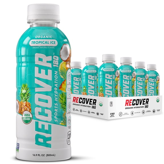 RECOVER 180 Organic Sports Hydration Drink, No Sugar Added, 20 Calorie Sports Beverage, Organic Flavors With Vitamins, Potassium-Packed Electrolytes (16.9 Fl Oz (Pack of 12), Tropical Ice)