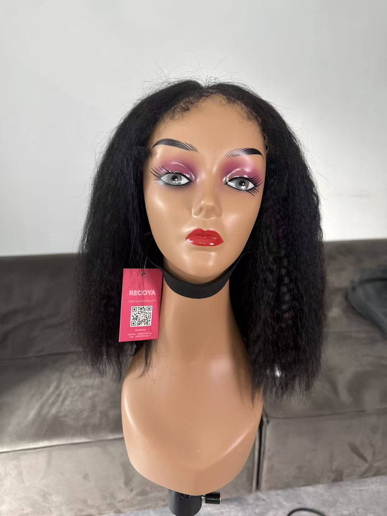 RECOYA ALL READY WIG Glueless 7X6 Kinky Straight Bob Lace Closure 4C Hairline Natural Black 180% Density 10-14 Inch Pre-Plucked Pre-Cut 100% Human Hair Wear & Go Beginner Friendly 4C Edges Hairline