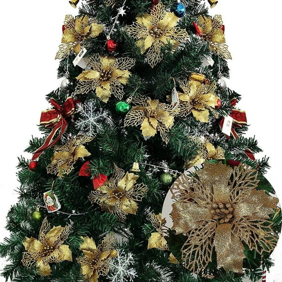 RECUTMS 10 Pack Glitter Artificial Poinsettia Flowers Christmas Wreath Christmas Tree Flowers Ornaments(6.7inch, Gold)