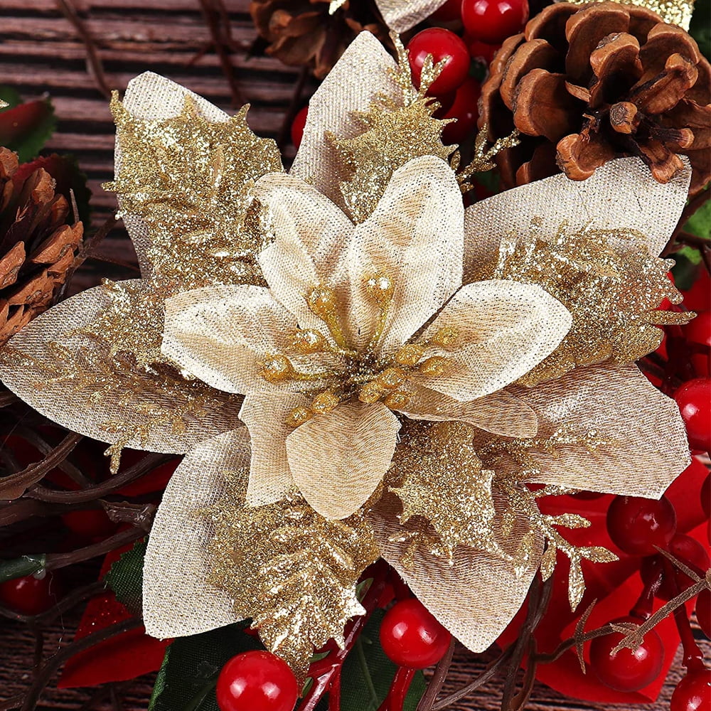 RECUTMS 10 Pcs Christmas Glitter Poinsettia Faux Flowers Christmas Flowers  Decoration Ornaments (Gold)