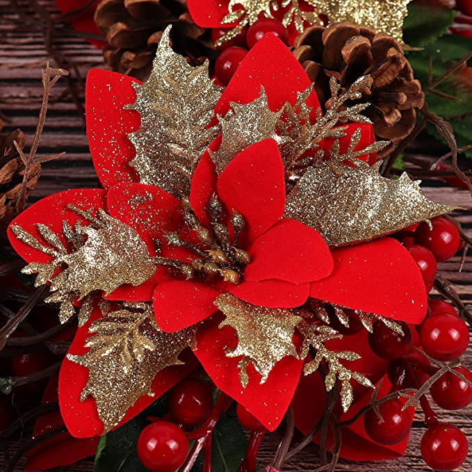 RECUTMS 10 Pcs Christmas Glitter Poinsettia Faux Flowers Christmas