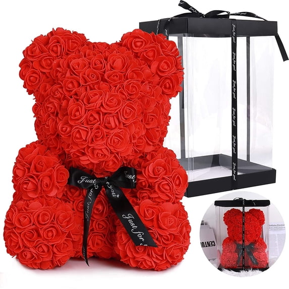 RECUTMS 10 inch Artificial Rose Bear Flowers Wedding Party Decoration Gift Box(Red)