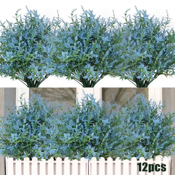 RECUTMS Blue Artificial Lavender Flowers Outdoor Faux Flowers for Garden Porch Decor,12 Pcs
