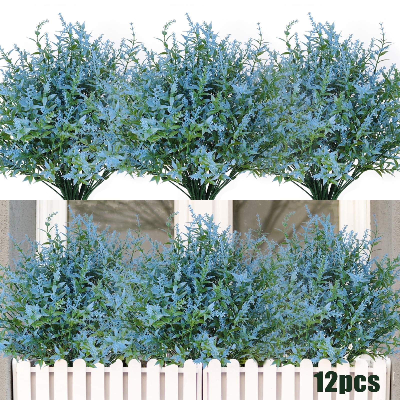 RECUTMS Blue Artificial Lavender Flowers Outdoor Faux Flowers for Garden Porch Decor,12 Pcs
