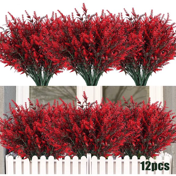 RECUTMS 12 Bundles Artificial Lavender Flowers Outdoor Fake Flowers UV Resistant Spring Decorations for Home(Red)
