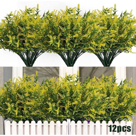 RECUTMS 12 Bundles Artificial Lavender Flowers Outdoor UV Resistant for Porch Vase Home Window Decoration(Yellow)