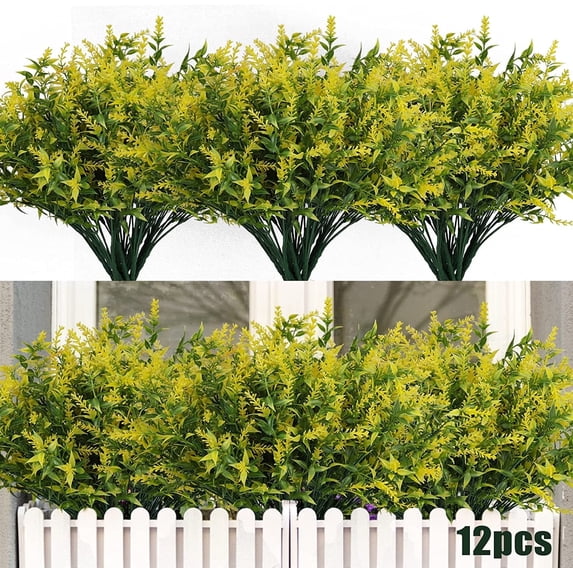 RECUTMS 12 Bundles Artificial Lavender Flowers Outdoor UV Resistant for Porch Vase Home Window Decoration(Yellow)