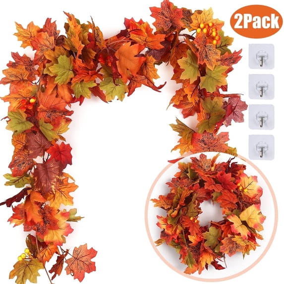 RECUTMS 2 Pcs Artificial Autumn Maple Leaves Garland 5.7Ft/Pcs Fall Garland Hanging Vine Plants for Front Door Fall Decor Thanksgiving Decorations