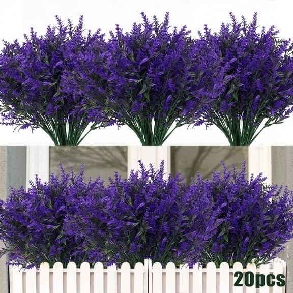 RECUTMS 20 Bundles Outdoor Artificial Flowers UV Resistant Fake Outdoor Plants, Faux Greenery for Indoor Outside Hanging Plants Garden Wedding Farmhouse Decor(Purple)