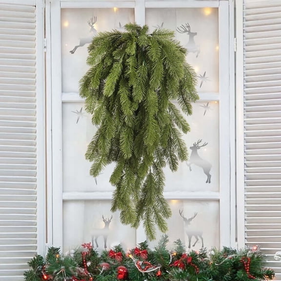 RECUTMS 2Pcs Artificial Christmas Teardrop Pine Needle Hanging Swag Artificial Pine Needle Branches Faux Winter Wreath Hanging Plants for Front Door Wall Home Christmas Decoration (Green)