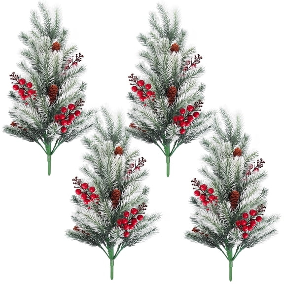 RECUTMS 4Pack 17.7In length Artificial Pine Branches with Redberry Pine Cone Christmas Artificial Needles Green Plants for Home Garden Decoration(Withe)