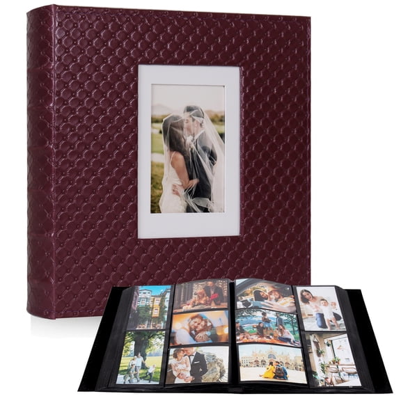 RECUTMS 4x6 Photo Album 600 Photos Large Capacity Black Inner Page Button Grain Leather Pockets Family Album Book (Wine red)