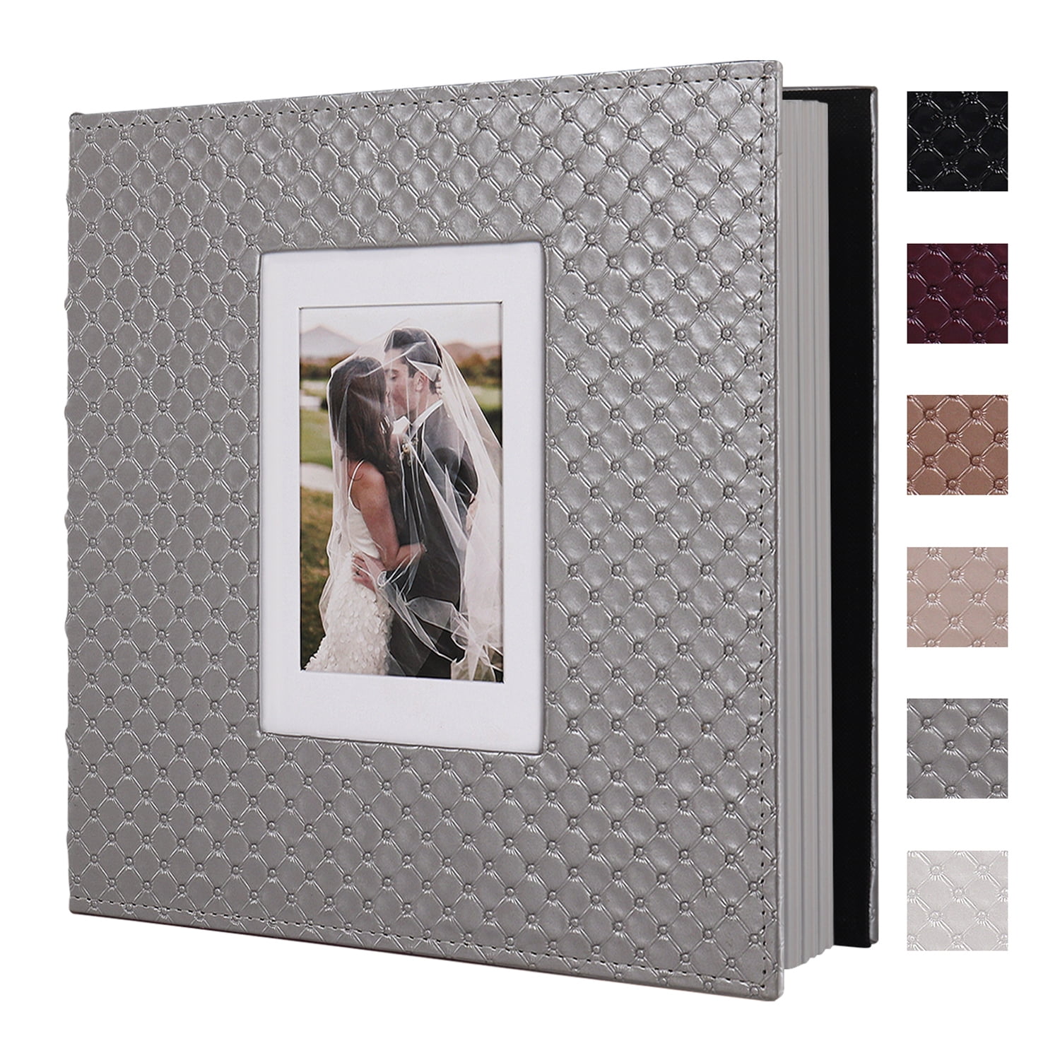 RECUTMS 60 DIY Photo Albums with Sticky Pages Button Grain Leather Cover 4x6 5x7 8x10 Photos, Wedding Photo Album Baby Picture Book Graducate Scrapbook (Silver)