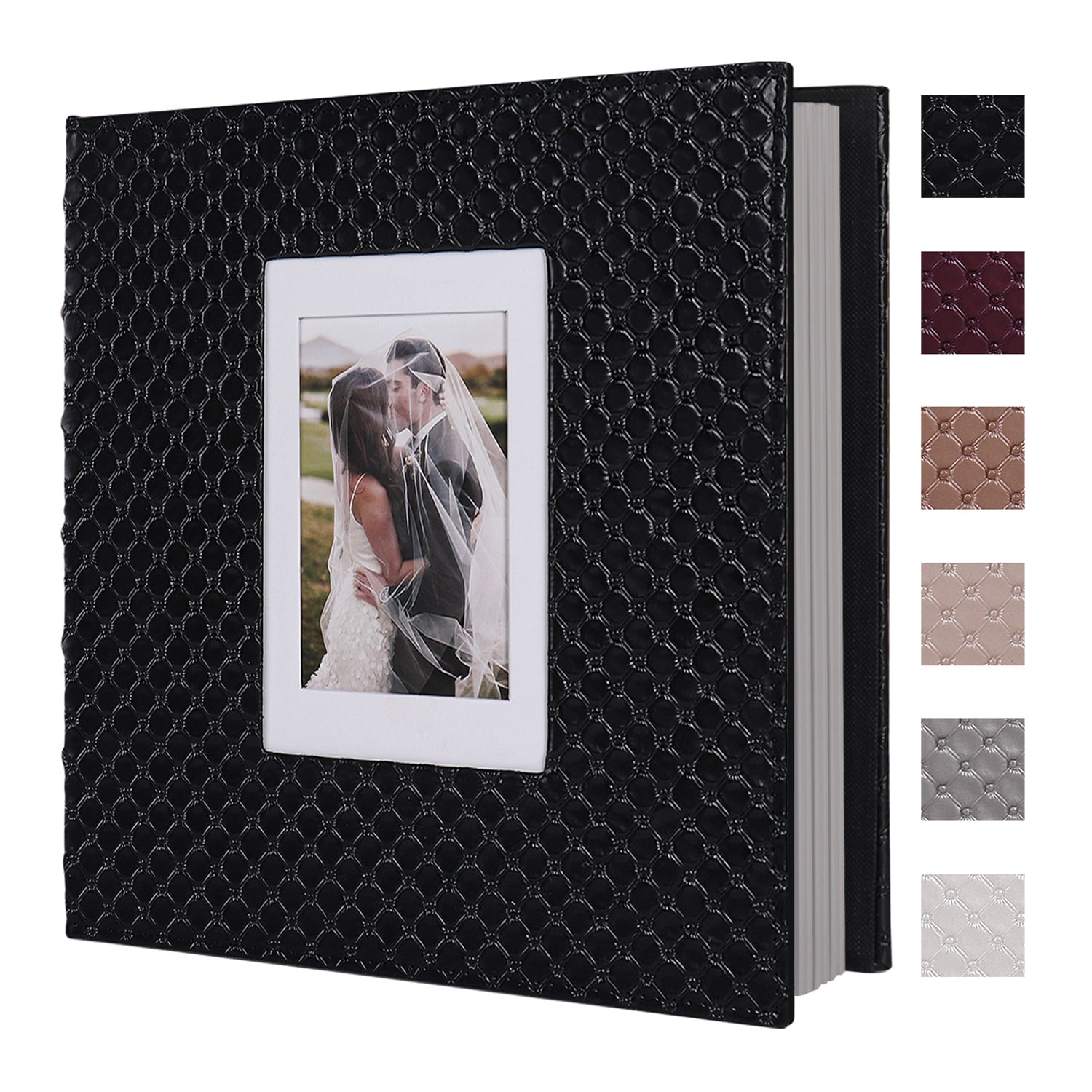 Black Button Grain Leather Scrapbook Photo Album with Window