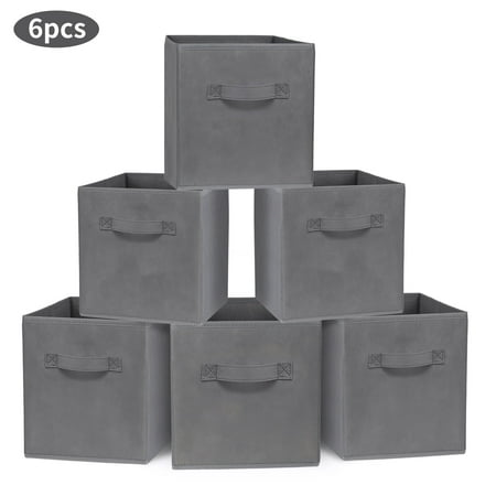 RECUTMS 6Pack Collapsible Fabric Storage Cubes Organizer Baskets with Handles-Gray