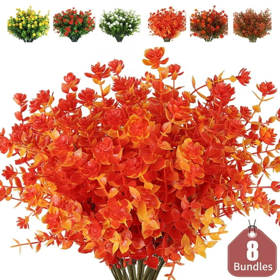 RECUTMS 8 Bundles Artificial Fall Flowers Faux Autumn Plants, Fake Indoor Outdoor Greenery for Wedding Party Home Garden Fireplace Decor (Golden)