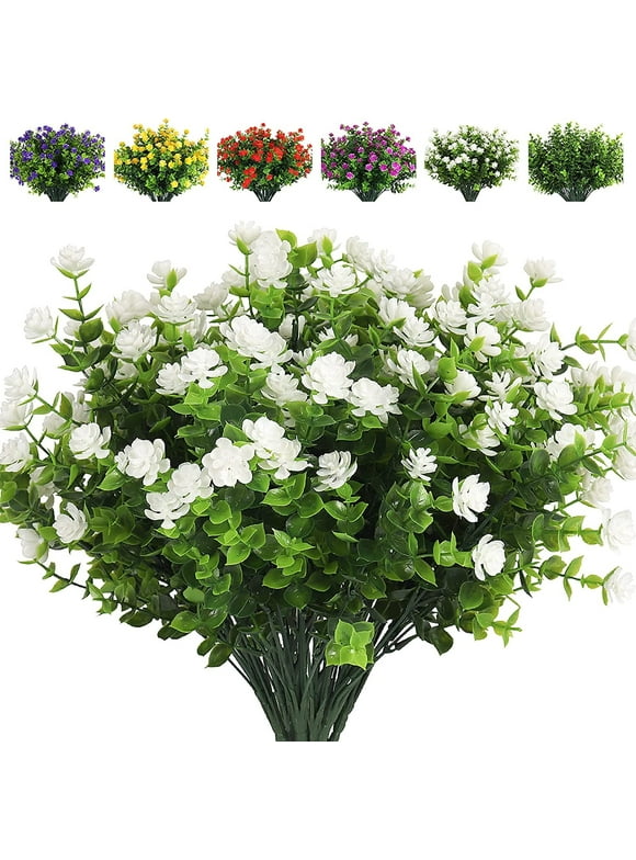 RECUTMS 8 Bundles Artificial Flowers Outdoor Eucalyptus Greenery Shrubs for Home Garden Decoration (White)