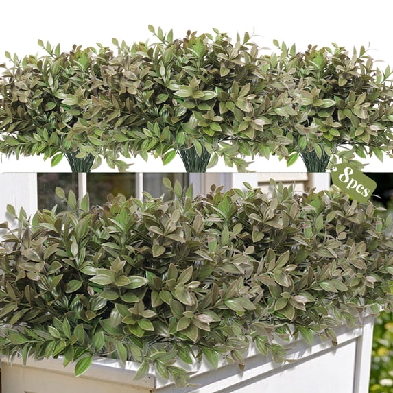 RECUTMS 8 Bundles Artificial Greenery Stems Fake Green Plants Faux Outdoor Plants UV Resistant Plastic Shrubs for Farmhouse Pathway Indoor Decorations (Grayish Green)