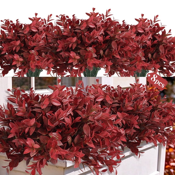 RECUTMS 8 Bundles Fall Greenery Stems for Vase Fake Lucky Bamboo Faux Outdoor Plants UV Resistant Shrubs Eucalyptus Stems for Garden Patio (Red)