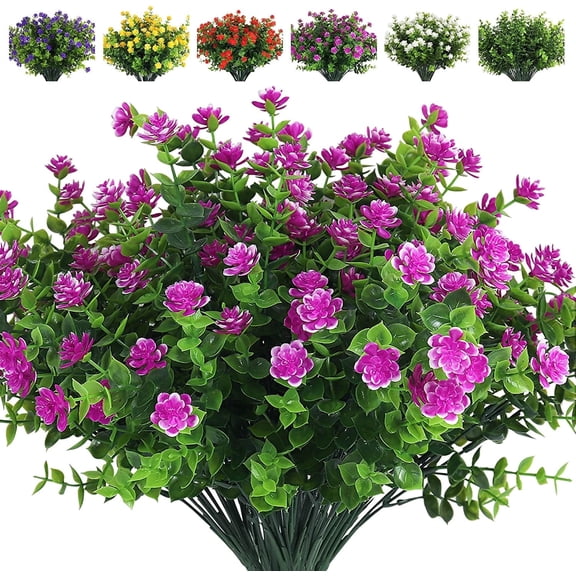 RECUTMS 8 Bundles Artificial Lotus Flowers Eucalyptus Greenery Shrubs for Home Garden Window Box Decoration (Fuchsia)