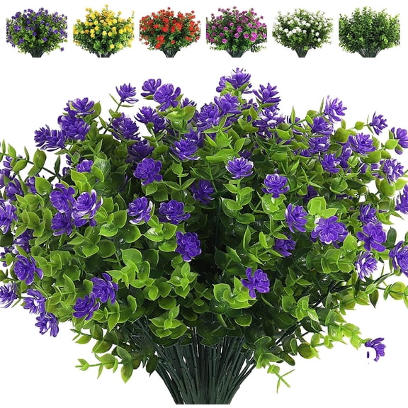 RECUTMS Artificial Flowers Outdoor 8 Bundles Faux Plastic Corn-Flower Eucalyptus Greenery Shrubs for Home Garden Decoration (Purple)