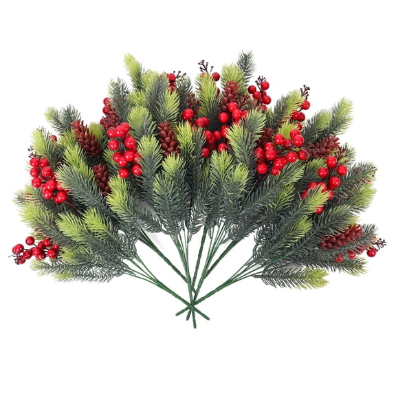 RECUTMS 8 Pcs Artificial Christmas Greenery with Fake Holly Berries and Pine Cones Artificial Red Berry Stems Faux Pine Branches Greenery Stems for Christmas Decor (Light Green)