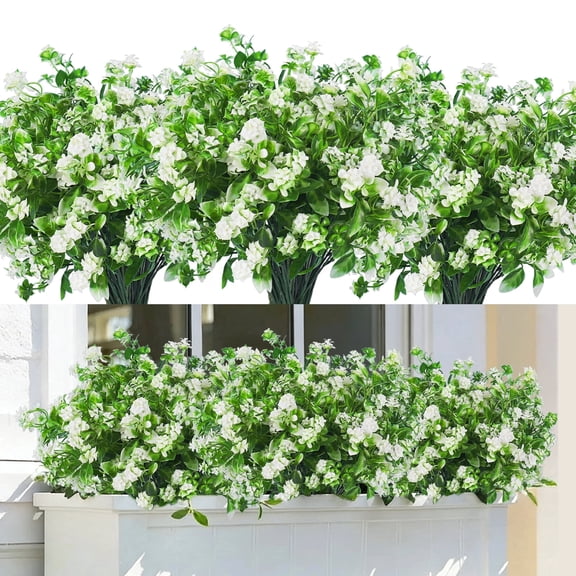 RECUTMS 8Pcs Artificial Flowers Outdoor Fake Flower Faux Plastic Plants Greenery UV Resistant for Room Garden Porch Wedding Party Summer Decorations Indoor (White)