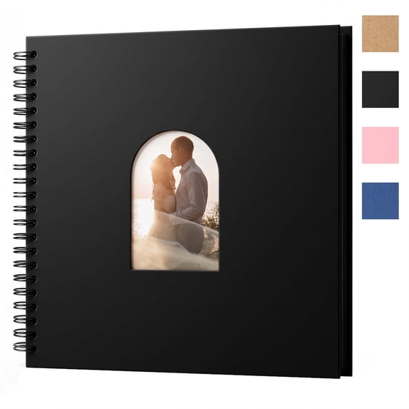 RECUTMS 8x8 inch DIY Scrapbook Album Self Adhesive with Picture Display Window Linen Thick Kraft Paper Cover Black Book for Baby Wedding(Black)