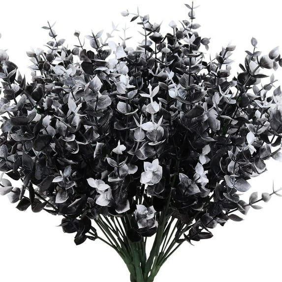 RECUTMS Artificial Flowers, Fake Outdoor UV Resistant Plants Faux Plastic Greenery Shrubs Indoor Halloween Flower Decor (Black +White Eucalyptus)