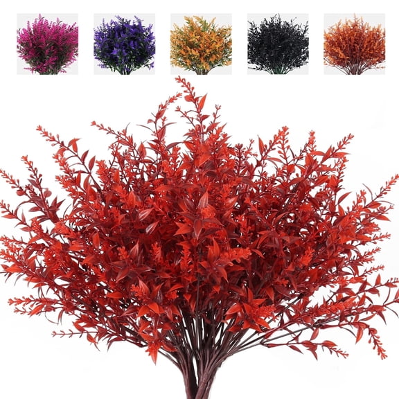 RECUTMS Fall Fake Lavender Plants Outdoor - Wine Red UV Resistant for Porch, Garden, Window Box Autumn Decor (8 Bundles)