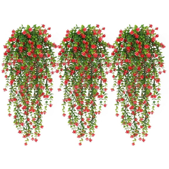 RECUTMS Artificial Hanging Plants Fake Hanging Vine Flowers Outdoor Faux Eucalyptus Leaf Greenery Wall Indoor Room Porch Decor(Red)