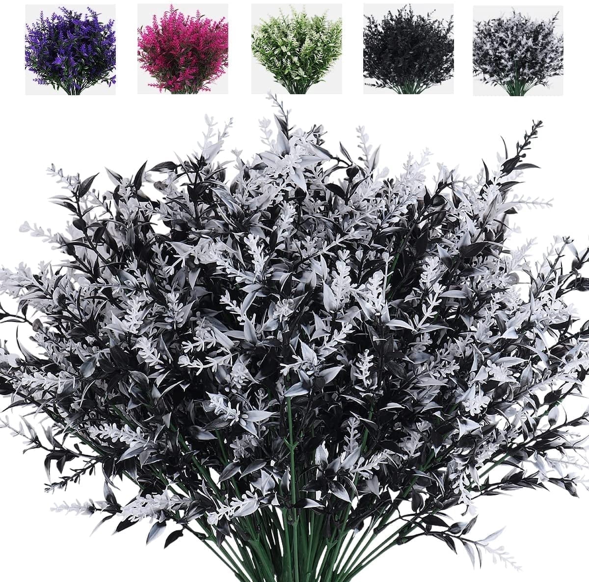 RECUTMS Artificial Lavender Flowers 8 Bundles Outdoor UV Resistant Fake Flowers Plastic Plants for Home Decor(Black+White)
