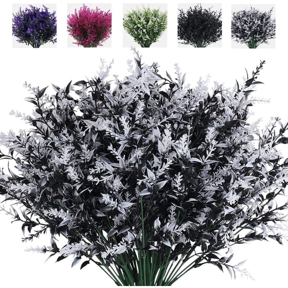 RECUTMS Artificial Lavender Black Flowers 8 Bundles Outdoor UV Resistant Black Fake Flowers Plastic Plants for Home Decor