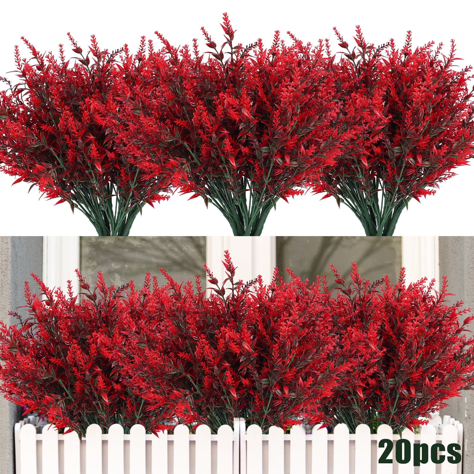 RECUTMS Artificial Outdoor Plants UV Resistant Artificial Greenery Lavender 20 Bundles Indoor Outside Decor Wedding Table Flowers Arrangement Bouquet Filler(Red)