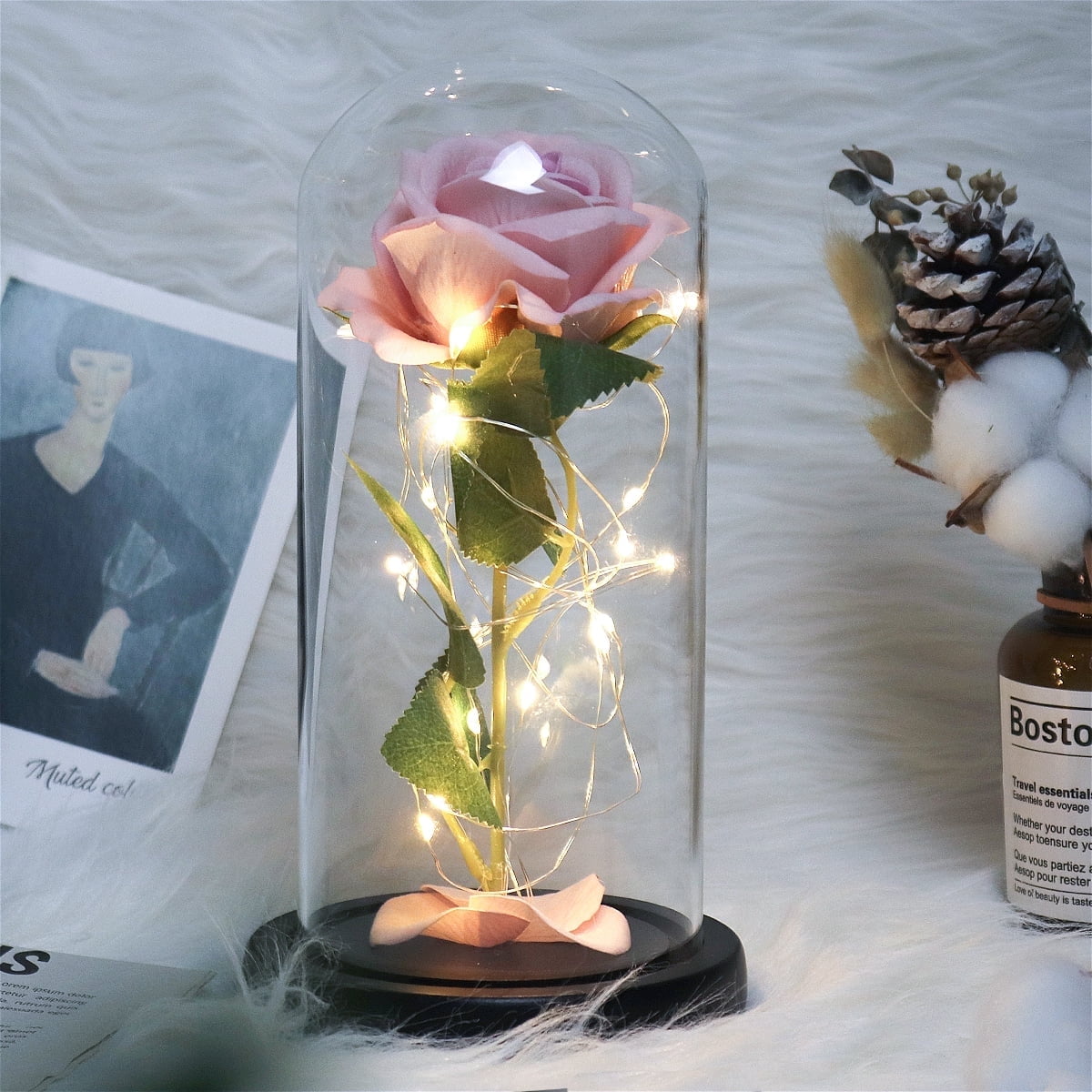RECUTMS Artificial Rose Flowers Pink Glass Rose Silk with Led Light Mother Gift