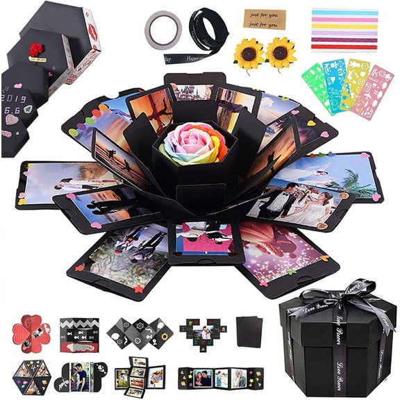 RECUTMS Black Explosion Box DIY Handmade Photo Album,Gift Box with 6 Faces for Wedding