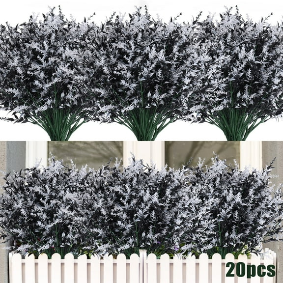 RECUTMS Black Flower,Black Decor,20 Bundles Artificial Flowers Fake Outdoor Plants Lavender Flower Plastic Shrubs Indoor Outside Hanging Decorations (Black+White)