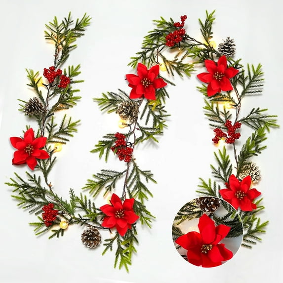 RECUTMS Christmas Garland with Lights Pine Cone Garland Lights Xmas Led Garland for Home Fireplace Mantel Holiday Party Decorations (Red Flower)