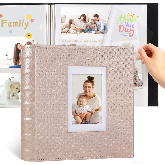 RECUTMS DIY 60 Pages Leather Cover Scrapbook Photo Album 4x6 5x7 8x10,Self Adhesive Photo Album Holds Photos of Any Size Wedding Anniversary Albums(Champagne)