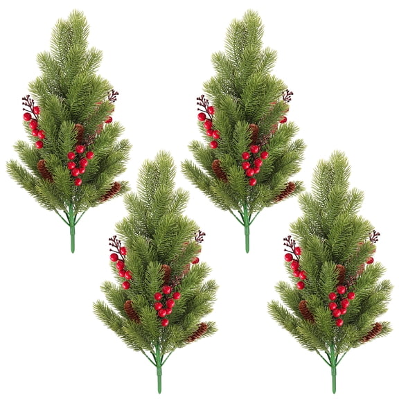 RECUTMS 4 Pack Christmas Artificial Red Berry Pine Branches 17.7inch Faux Pine Stem with Pinecones for Xmas Tree Wreath DIY Craft Floral Arrangement Holiday Season Decor(Dark Green)