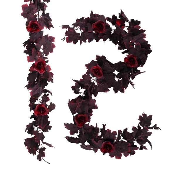 RECUTMS Fall Garland 2 Pcs 5.7FT Garland for Mantle Fake Vines with Red Roses Fall Leaf garland Floral Garland Autumn Thanksgiving Decorations