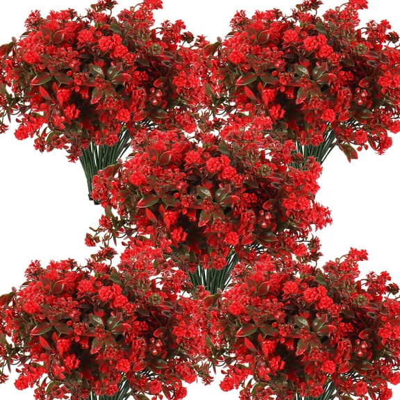 RECUTMS Faux Flowers Artificial Plants Shrubs Fake UV Resistant Greenery for Autumn Decor Bedroom Outdoors Porch Backyard Balcony Office Decor Set of 8 (Red)