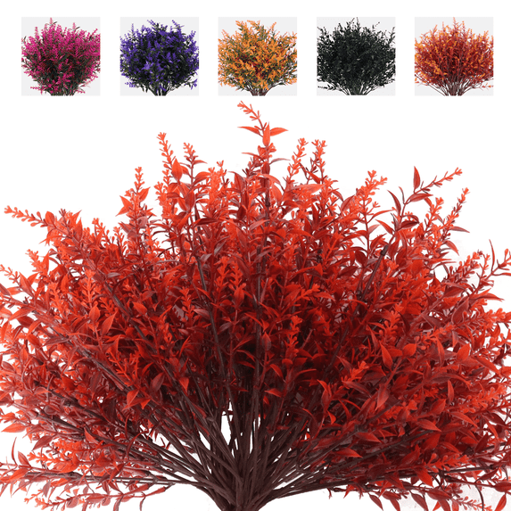 RECUTMS Faux Greenery Fake Lavender Fall Plants Fade Resistant Outdoor Flowers Faux Autumn Plants Fake Flowers Bulk Artificial Greenery Porch Fall Party Decor (Wine Red)