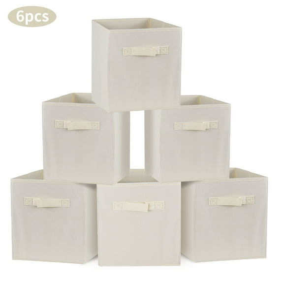 RECUTMS Foldable Storage Cubes with Handles - 6Fabric Baskets for Organizing Pantry, Closet, Shelf, Playroom, Toy Box (Cream Color)
