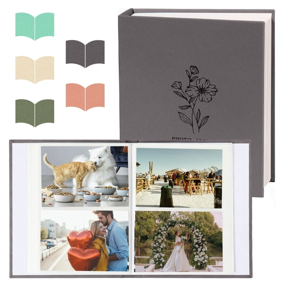 RECUTMS Photo Album 4x6 200 Photos,PU Leather Floral Picture Memory Book with Clear Pockets for Baby Wedding Family Travel Birthday (Gray)