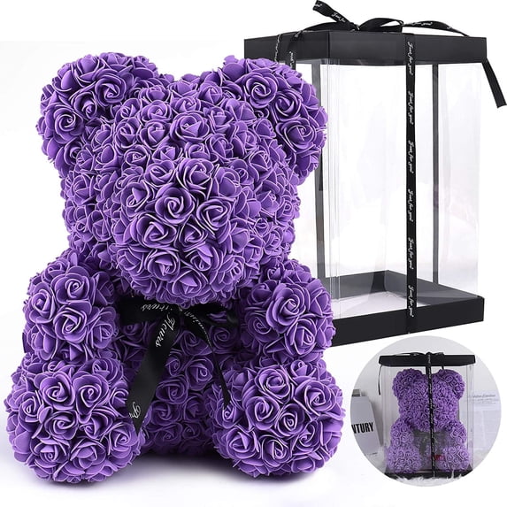 RECUTMS Purple Artificial Flower Rose Bear 10 inch Wedding Party Decoration Gift Box
