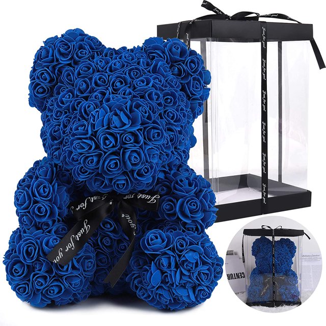 RECUTMS Royal Blue Artificial Rose Flower Bear 10 inch Wedding Party